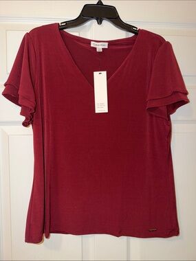 Calvin Klein Women's V-Neck Flutter Sleeve Top - Wine